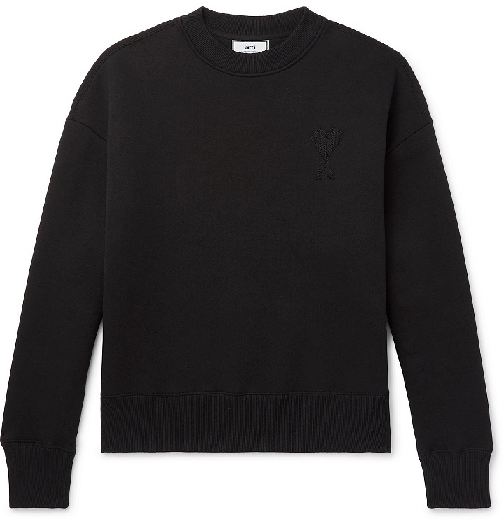Photo: AMI - Logo-Embroidered Fleece-Back Cotton-Blend Jersey Sweatshirt - Black