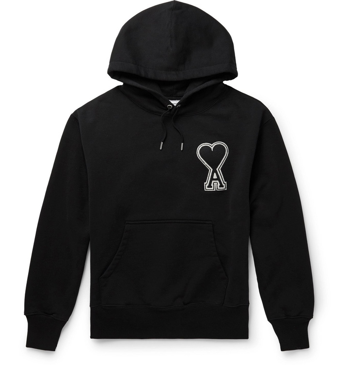 Photo: AMI - Logo-Appliquéd Loopback Cotton-Jersey Hoodie - Black