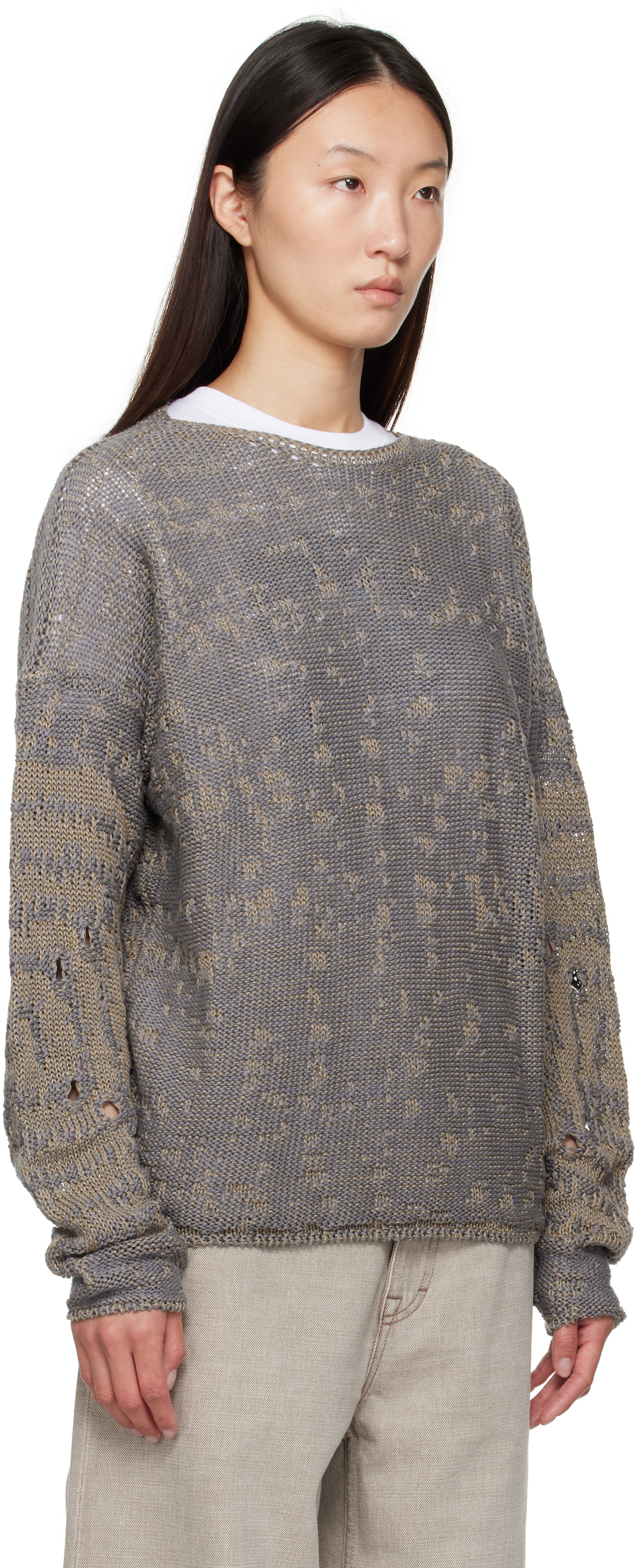 ROA Beige & Gray Vortex Crewneck Sweater