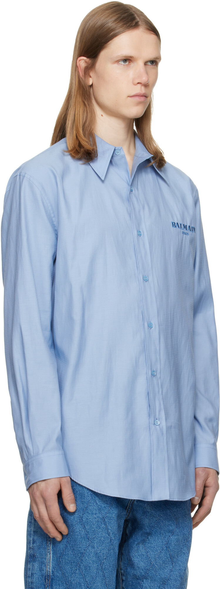 BALMAIN Blue Herringbone Poplin Regular Shirt