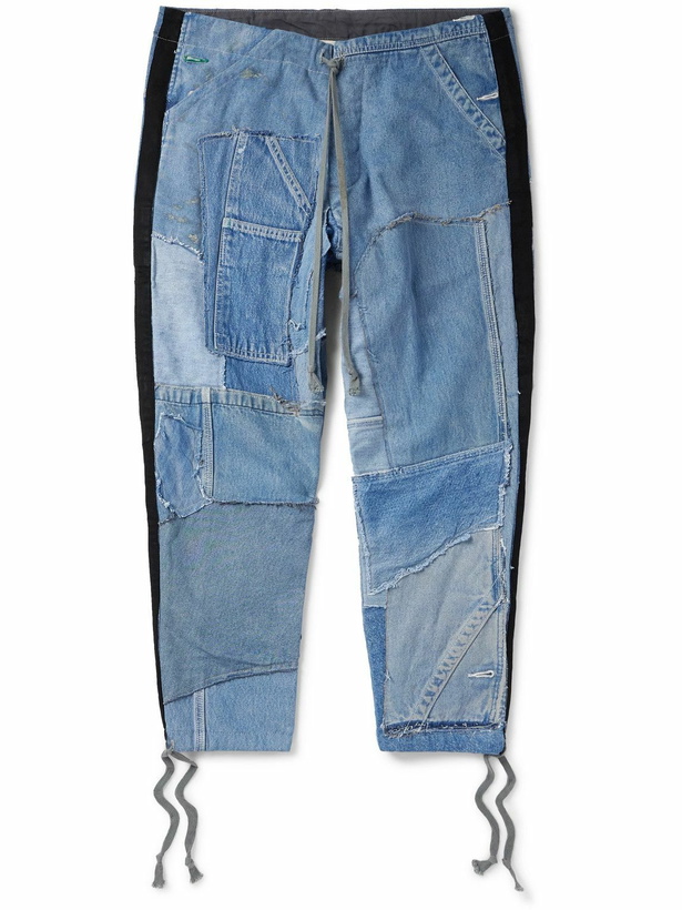 Photo: Greg Lauren - Tapered Cropped Frayed Patchwork Drawstring Jeans - Blue