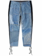Greg Lauren - Tapered Cropped Frayed Patchwork Drawstring Jeans - Blue