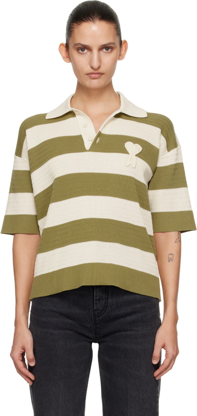 Photo: AMI Paris Off-White & Green Short Sleeves 'Ami de Coeur' Polo