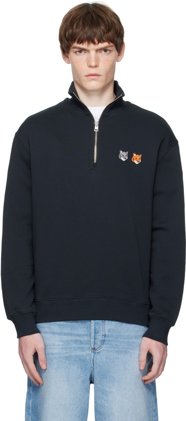 Photo: Maison Kitsuné Navy Double Bold Fox Head Half Zip Comfort Sweatshirt