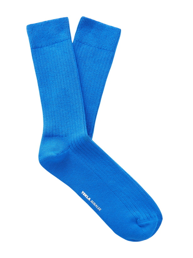 Photo: TEKLA - Auralee Ribbed Organic Cotton-Blend Socks - Blue