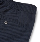 Beams F - Slim-Fit Pleated Striped Cotton-Seersucker Drawstring Suit Trousers - Blue