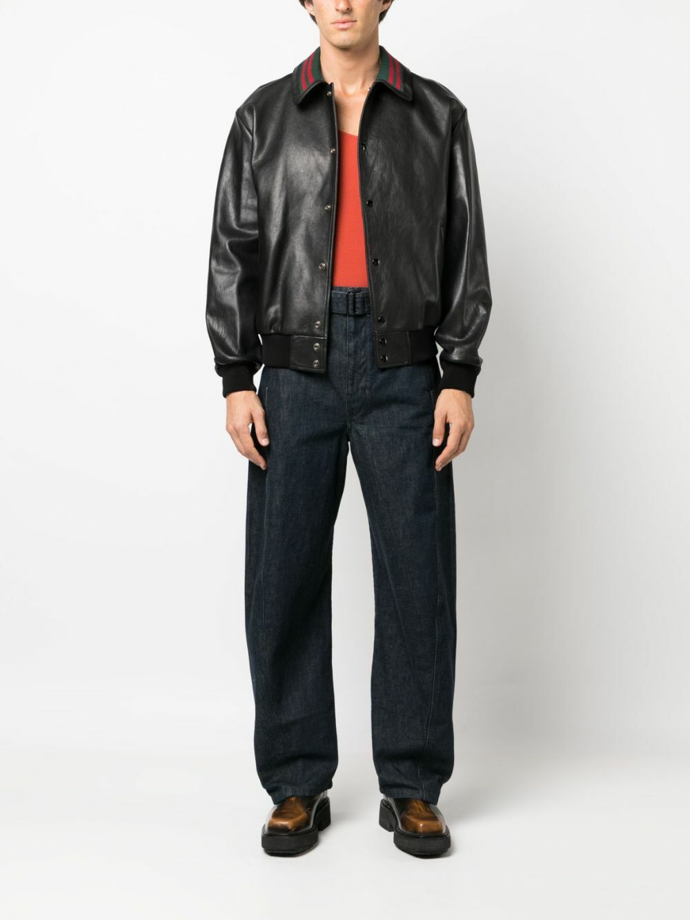 Gucci Black Web-Detail Leather Jacket Gucci
