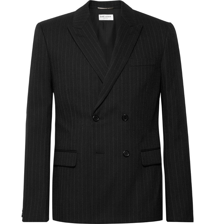 Photo: SAINT LAURENT - Black Slim-Fit Double-Breasted Pinstriped Wool-Blend Blazer - Black