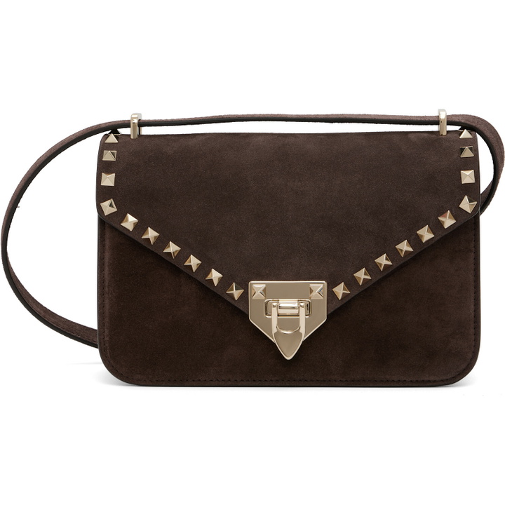 Photo: Valentino Garavani Brown Rockstud Small Shoulder Suede Bag