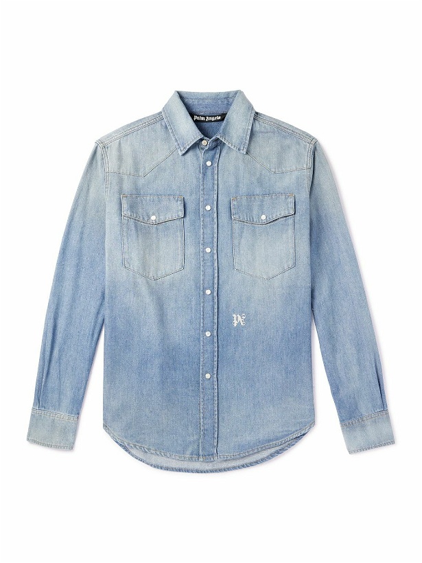 Photo: Palm Angels - Logo-Embroidered Leather-Trimmed Denim Shirt - Blue