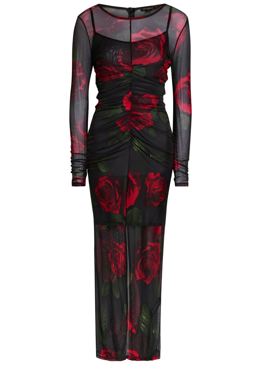 Good American Floral-print Ruched Mesh Maxi Dress Dark Red