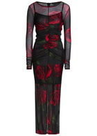 Good American Floral-print Ruched Mesh Maxi Dress Dark Red