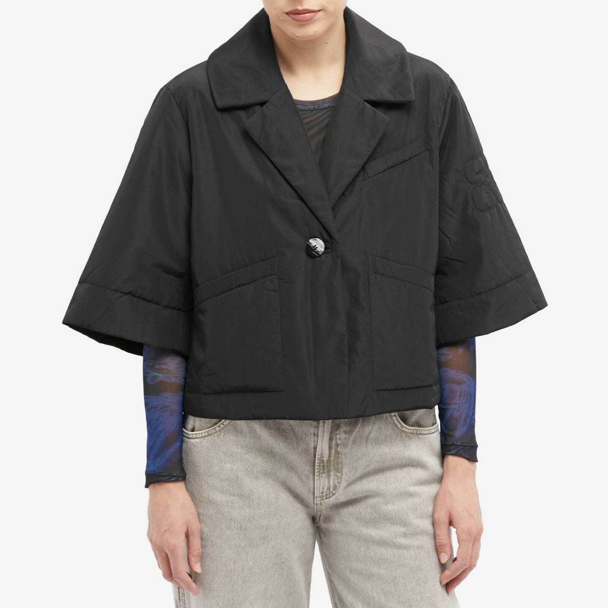 Ganni ガニー Summer Jacket クロップド ジャケット GANNI Women's Summer Tech Padded Jacket in Black GANNI