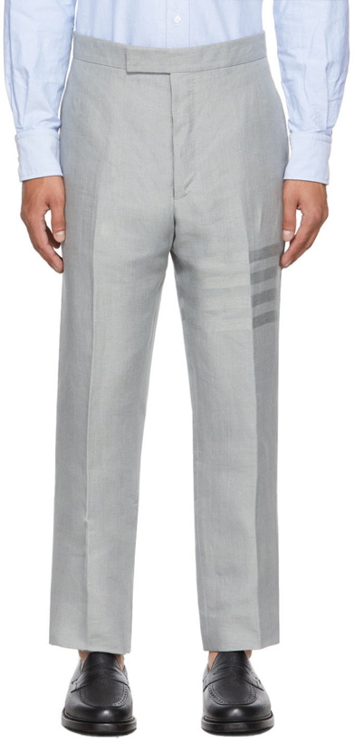 Photo: Thom Browne Grey Linen Engineered 4-Bar Trousers