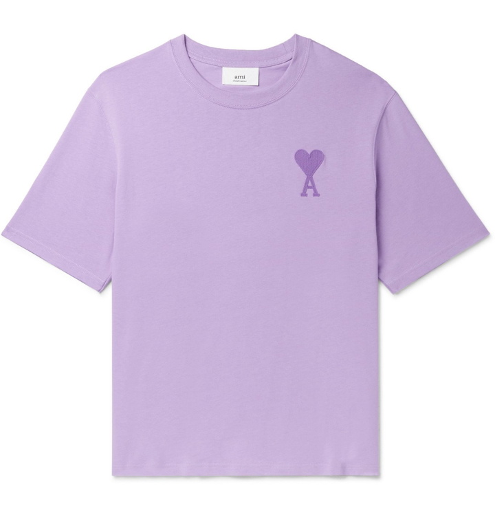 Photo: AMI PARIS - Logo-Embroidered Cotton-Jersey T-Shirt - Purple