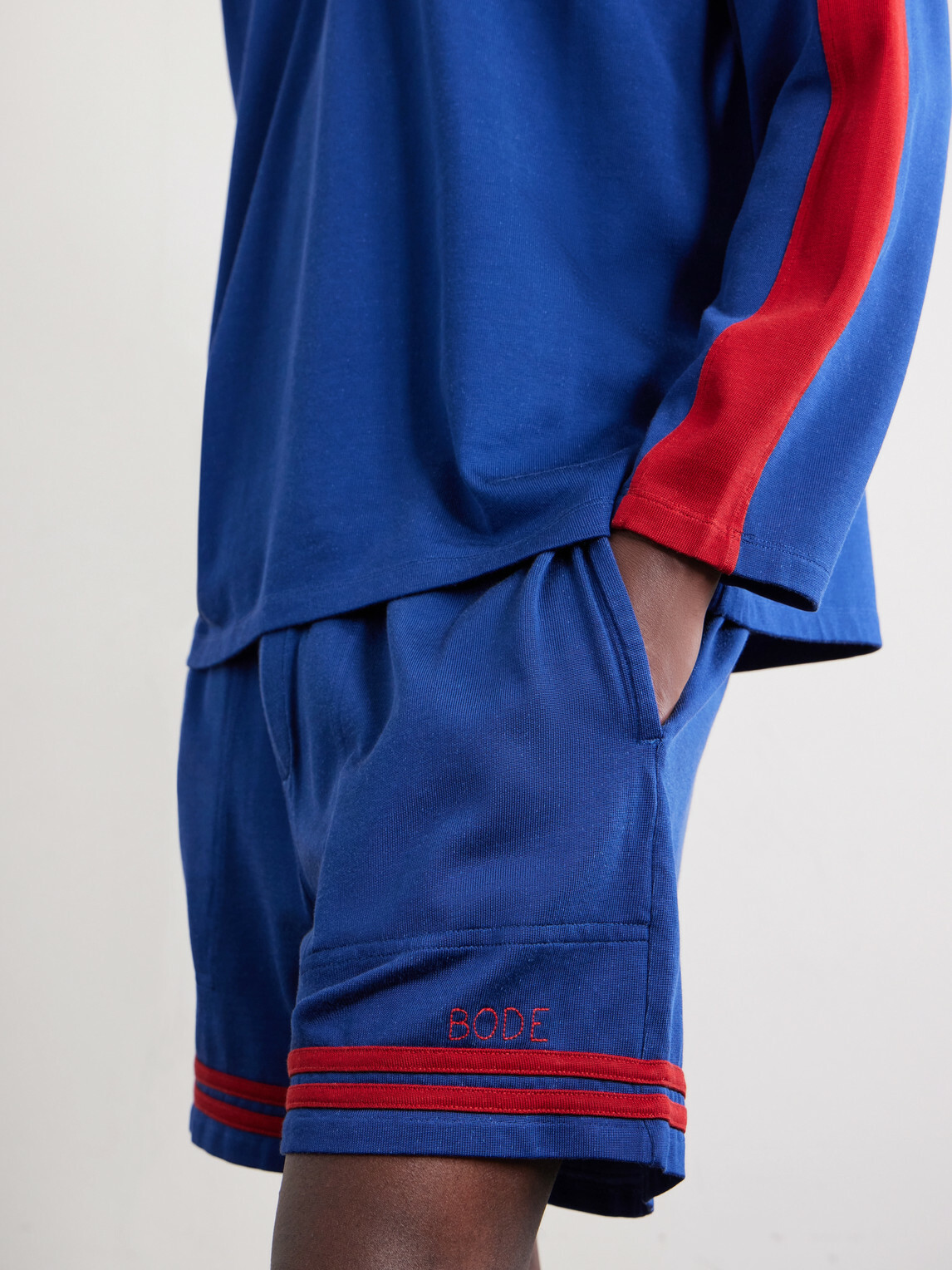 BODE - Lakewood Straight-Leg Logo-Embroidered Striped Jersey Shorts - Blue