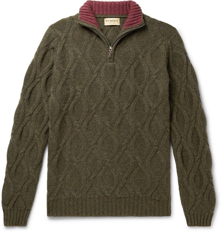 Photo: Purdey - Linton Cable-Knit Cashmere Half-Zip Sweater - Green