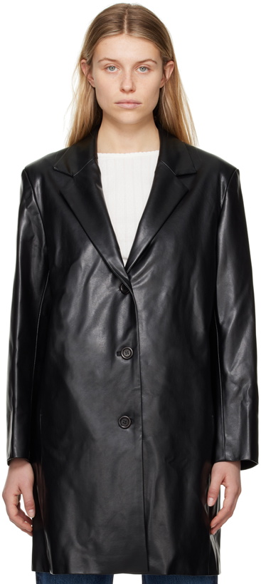 Photo: AMOMENTO Black Button Up Faux-Leather Jacket