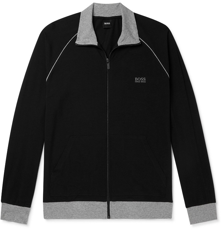 Photo: HUGO BOSS - Piped Logo-Embroidered Stretch-Cotton Jersey Track Jacket - Black