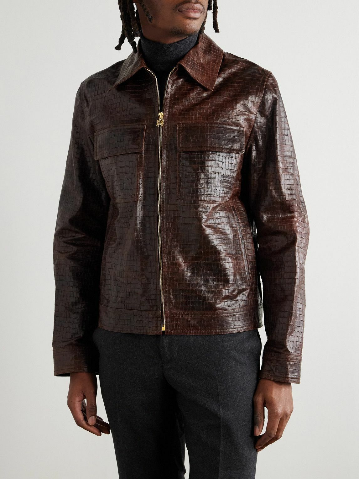 AMIRI - Croc-Effect Leather Jacket - Brown
