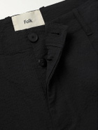 Folk - Assembly Straight-Leg Pleated Cotton-Blend Seersucker Trousers - Black