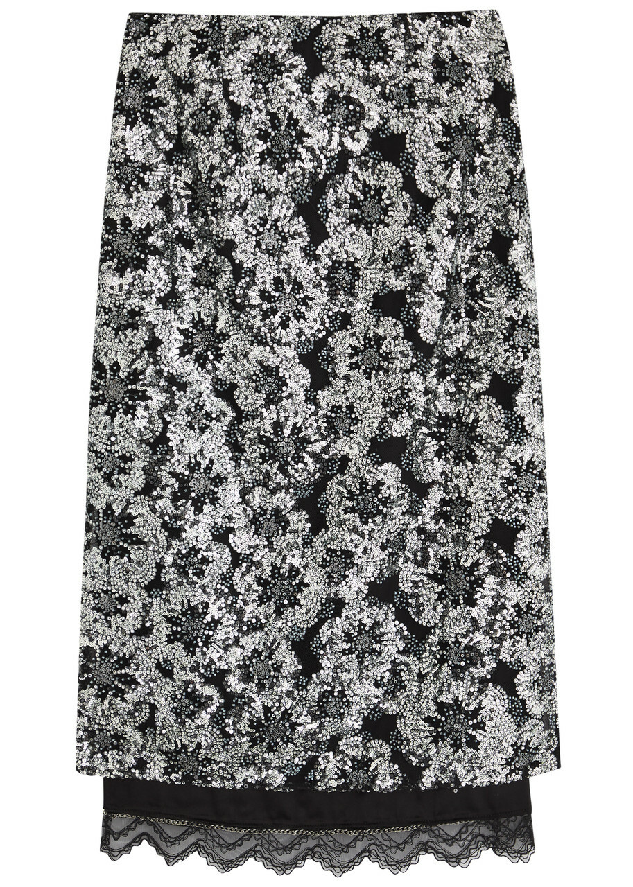 Huishan Zhang Leja Embellished Tulle Midi Skirt Silver