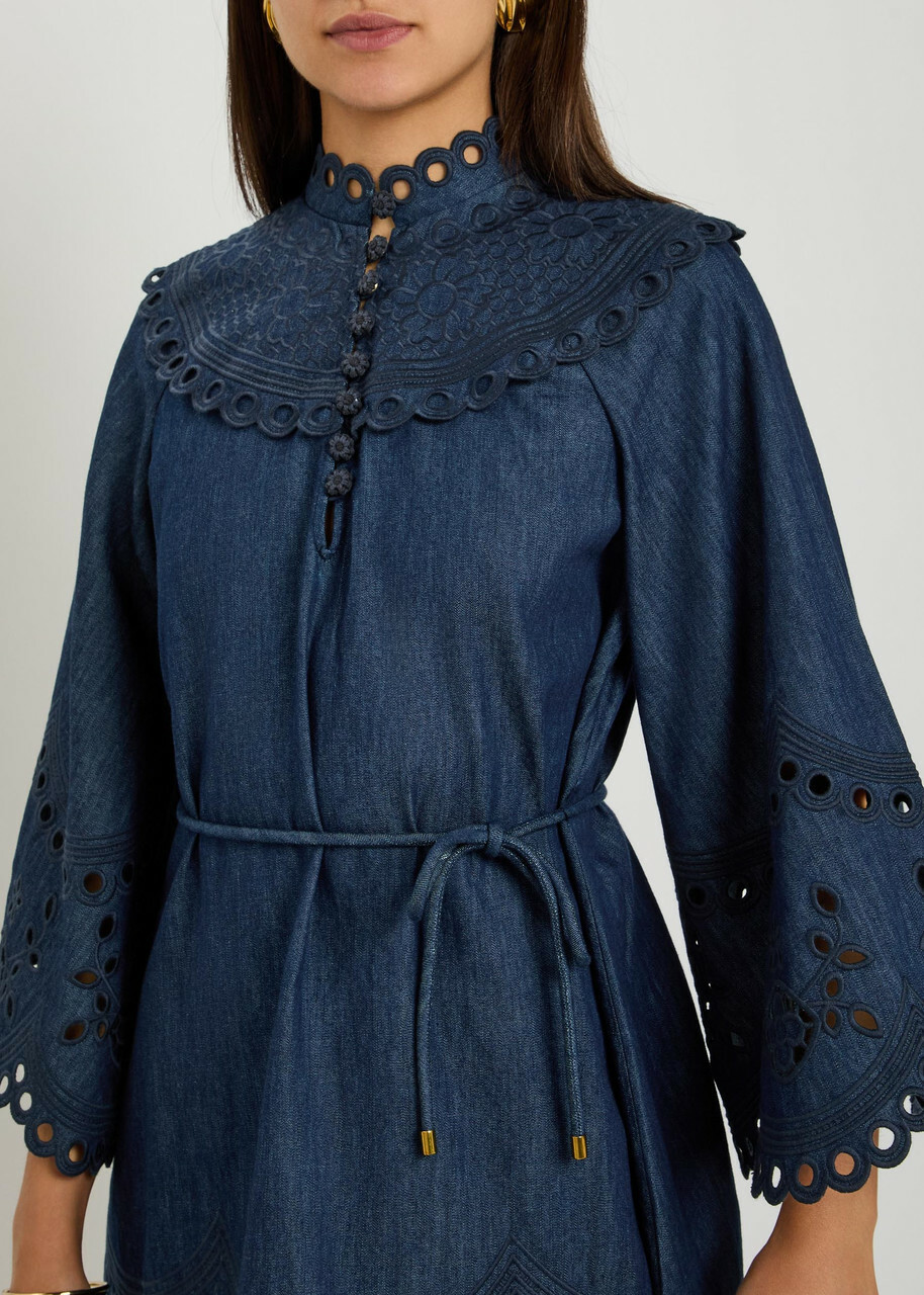 Zimmermann Mohon Broderie Anglaise Denim Mini Dress Navy