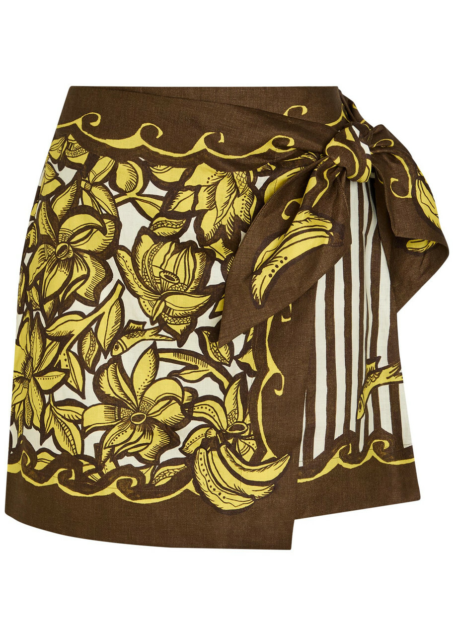 Alemais Mona Printed Hemp Mini Wrap Skirt Yellow