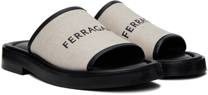 Ferragamo Black & Beige Logo Slides Salvatore Ferragamo Ferragamo Black and Beige Patterned Slides main image 0