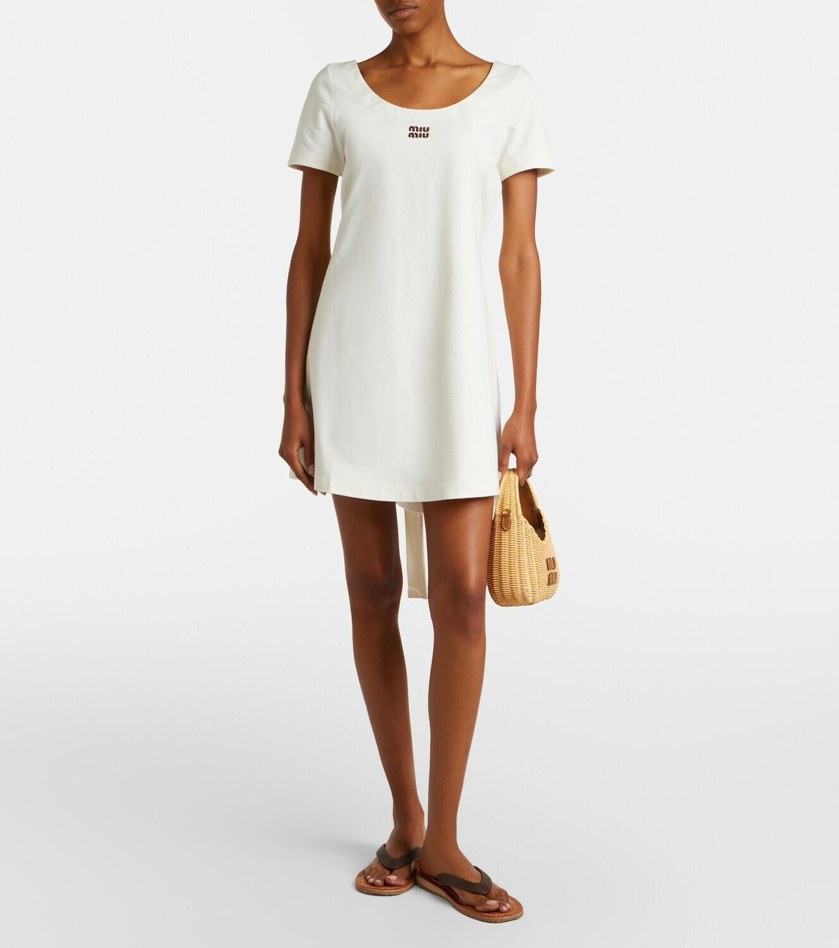 Miu Miu Leather-trimmed cotton jersey minidress