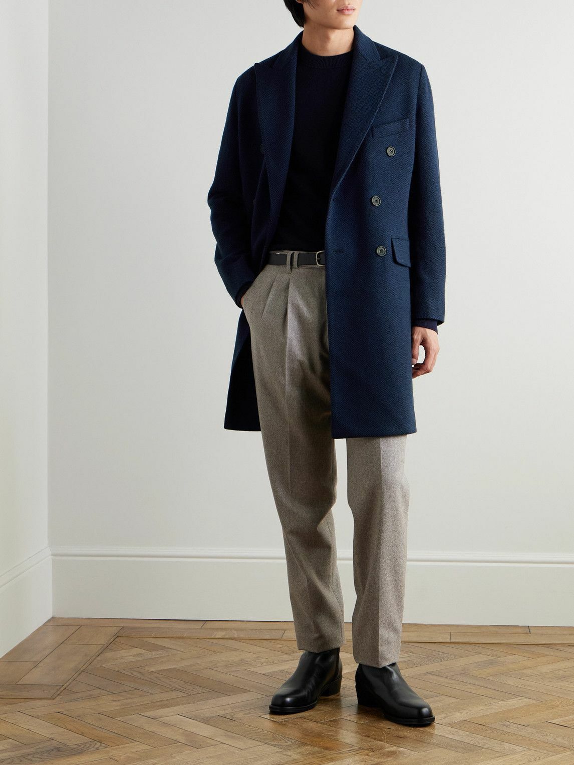 Richard James - Double-Breasted Herringbone Cashmere Coat - Blue