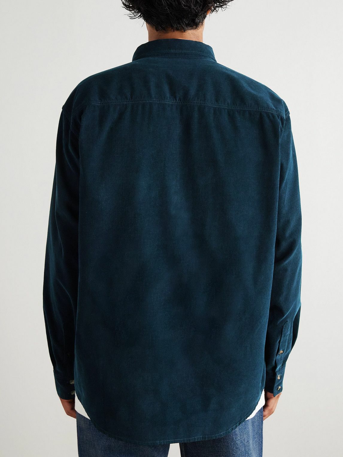 CELINE - Button-Down Collar Logo-Embroidered Cotton-Corduroy Shirt - Blue