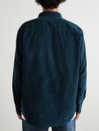 CELINE - Button-Down Collar Logo-Embroidered Cotton-Corduroy Shirt - Blue