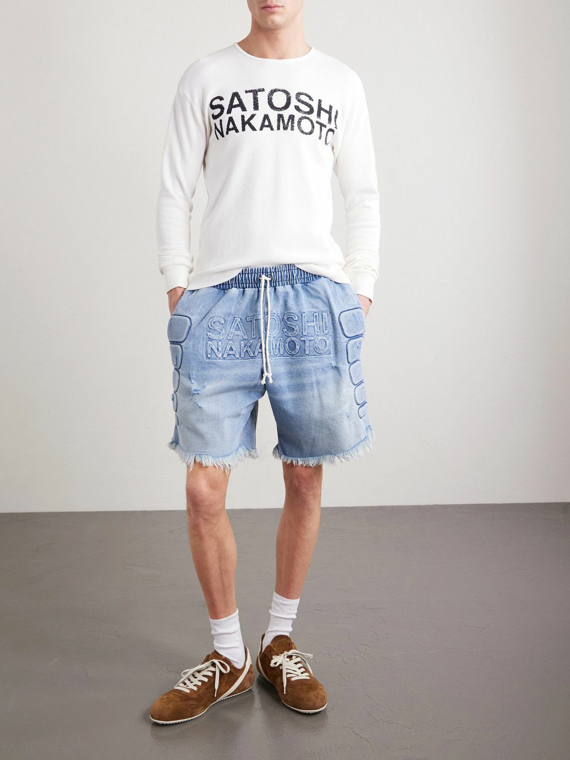 SATOSHI NAKAMOTO 企業ロゴサンプリング 半袖 Tシャツ メンズ Satoshi Nakamoto - Logo-Print Thermal Waffle-Knit Cotton T-Shirt