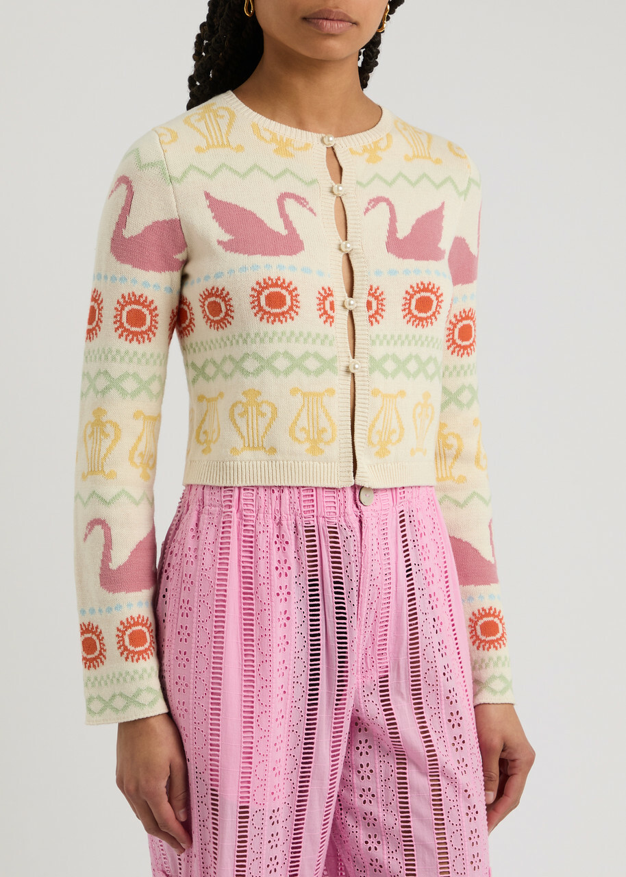 Kitri Carmel Swan-intarsia Cotton-blend Cardigan Ivory