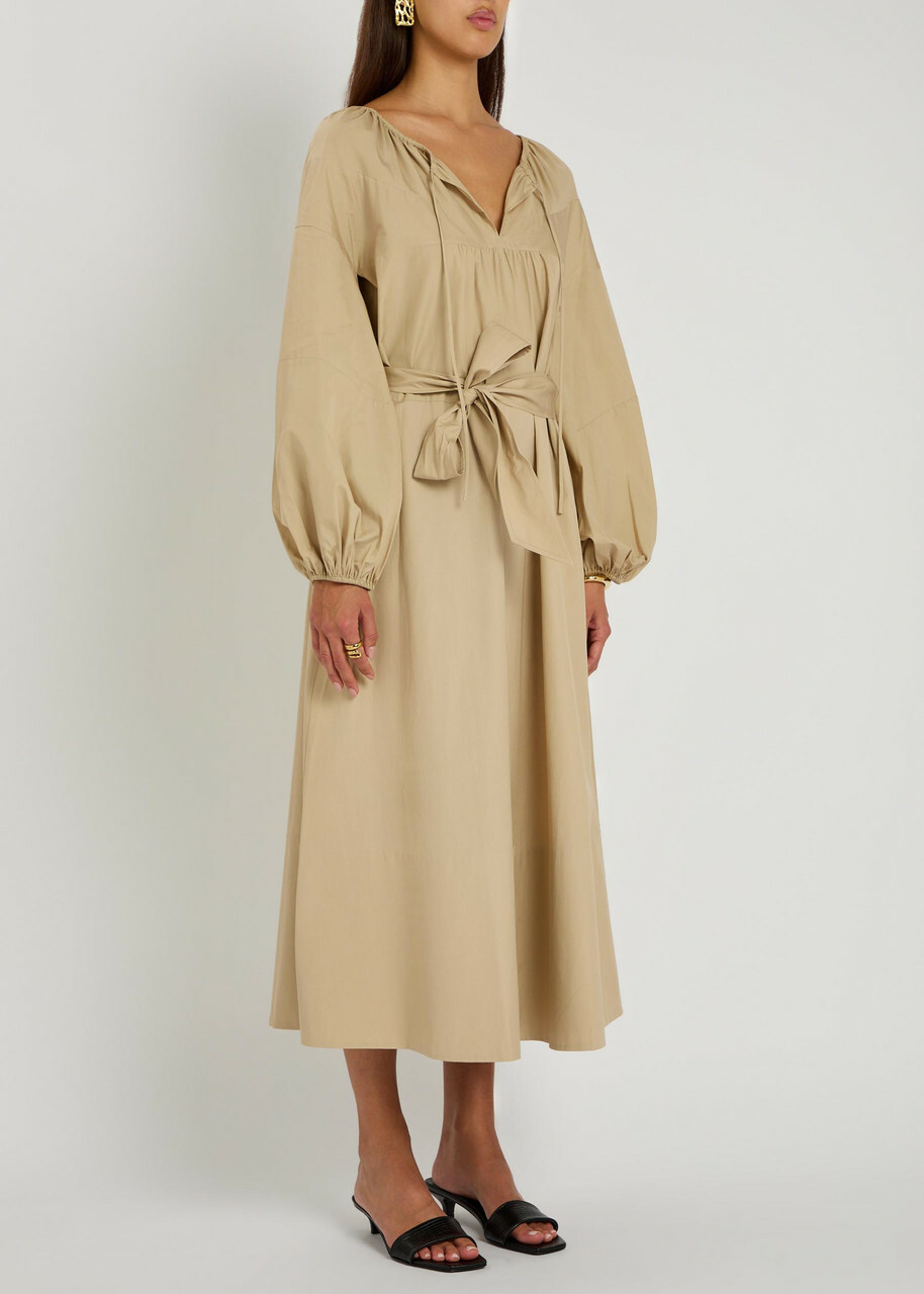 Vince Belted Cotton-poplin Midi Dress Beige
