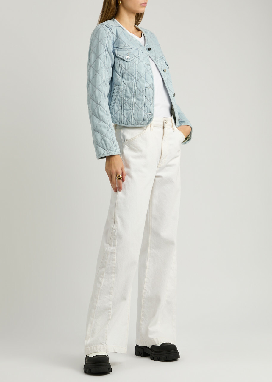 Paige Jayla Cropped Quilted Chambray Jacket Light Blue Paige