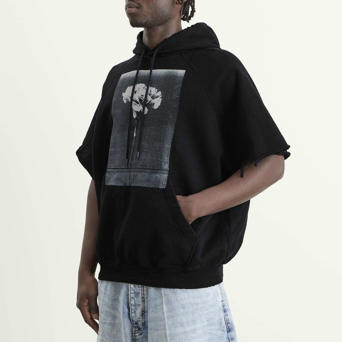 Balenciaga Men's Cutaway Short Sleeve Hoodie in Black