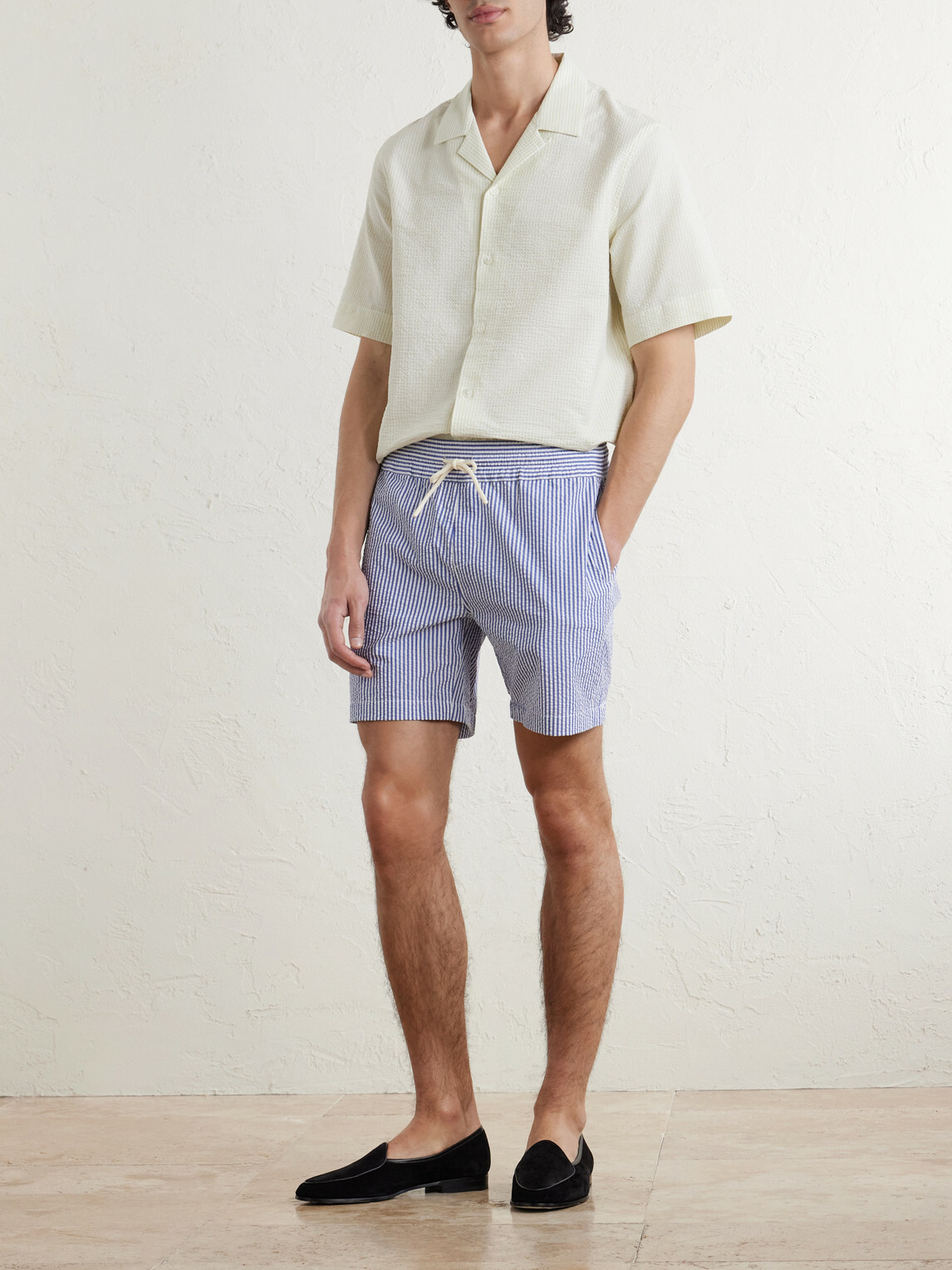 Portuguese Flannel - Atlantico Straight-Leg Striped Cotton-Seersucker Shorts - Blue