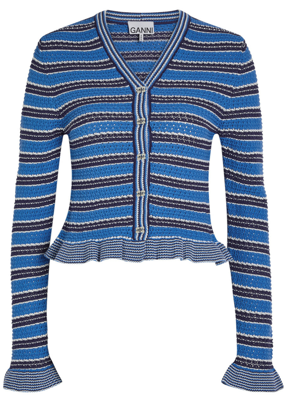 Ganni Striped Cotton-knit Cardigan Light Blue