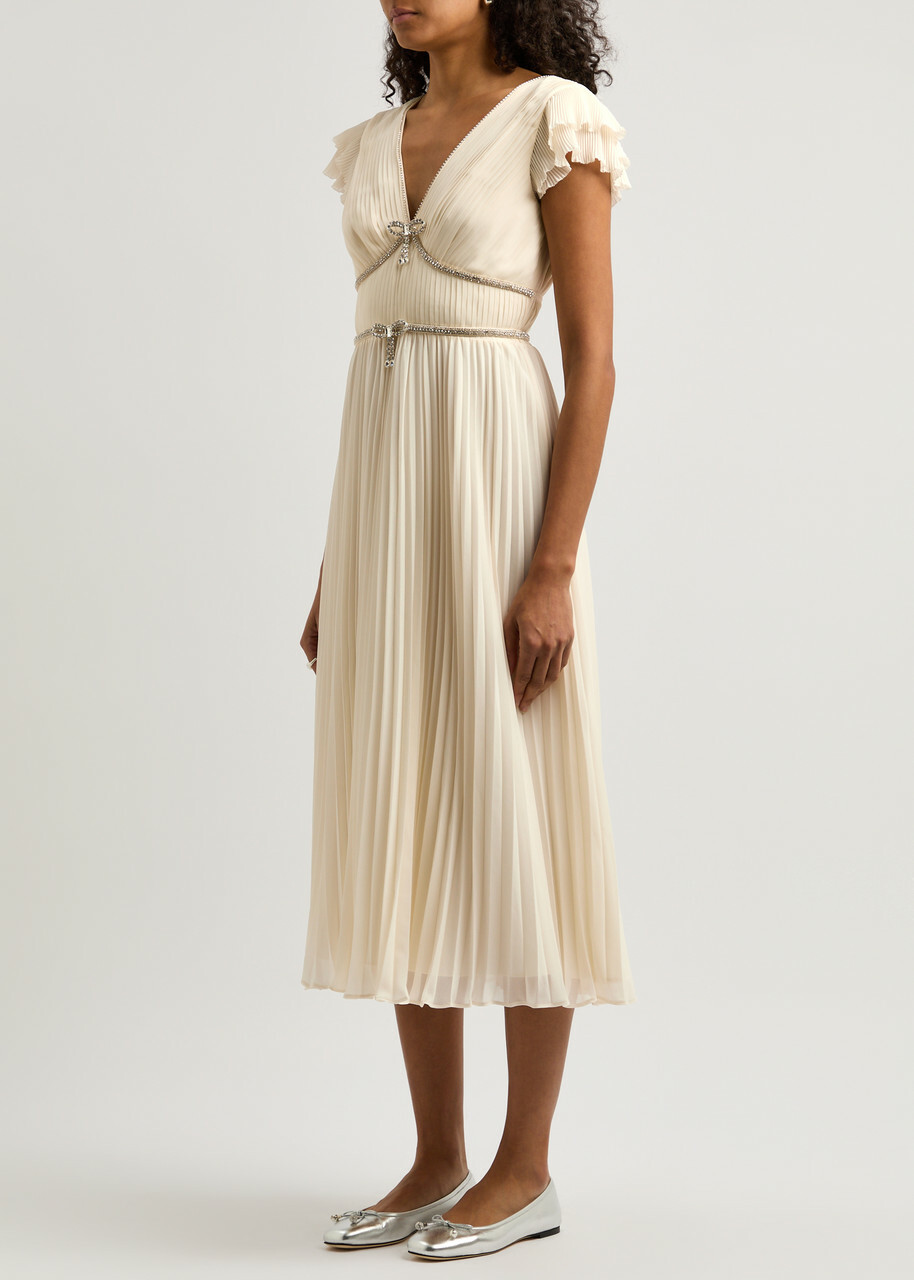 Self-portrait Crystal-embellished Pleated Chiffon Midi Dress