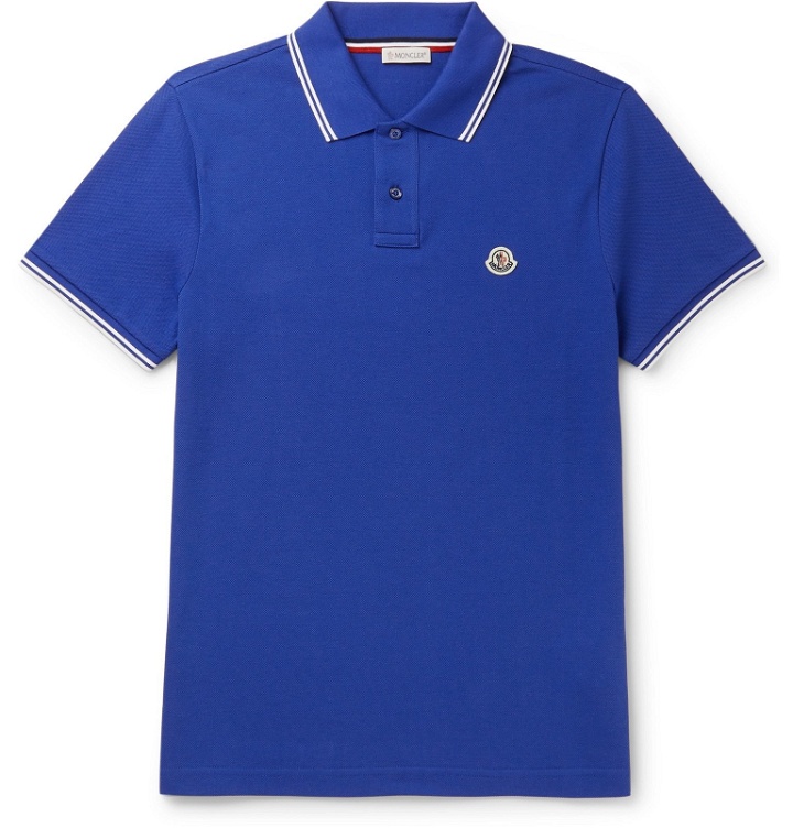 Photo: Moncler - Contrast-Tipped Cotton-Piqué Polo Shirt - Blue