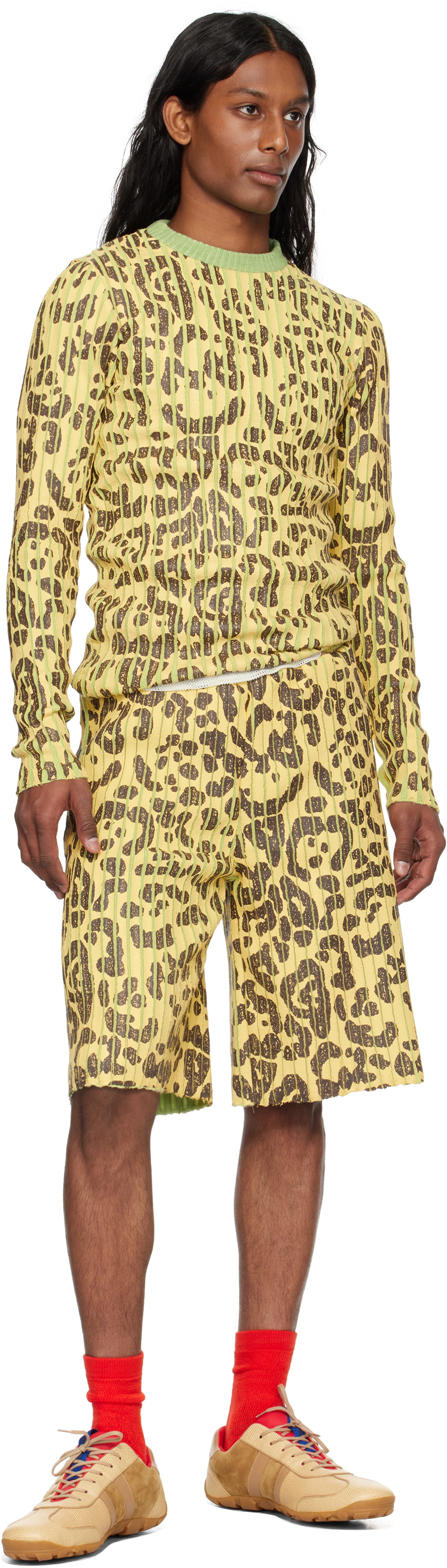 Stanley Raffington Yellow & Green Leopard Print Plated Knit Crewneck Sweater
