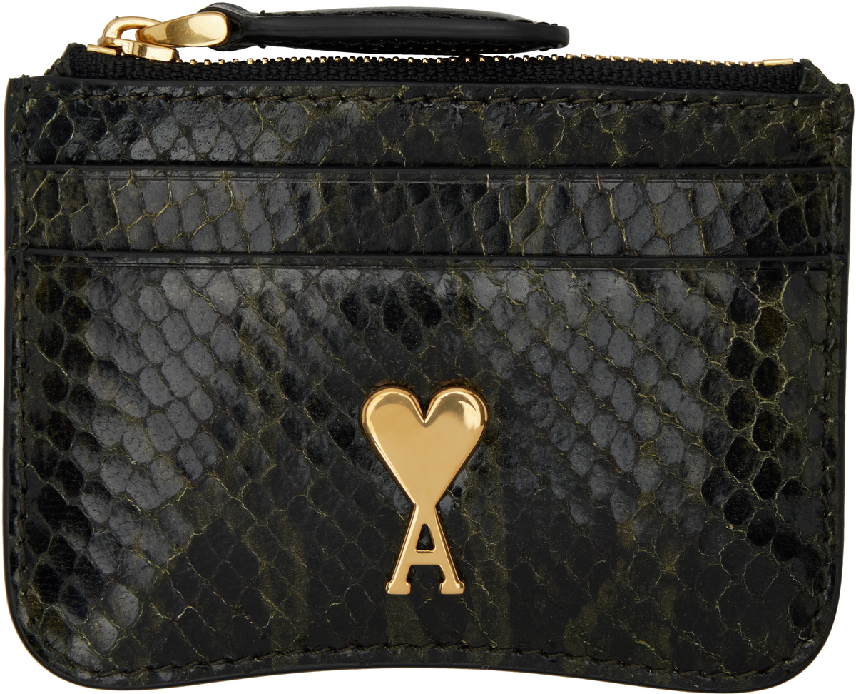 AMI Paris Black & Green Leather Zipped Card Holder