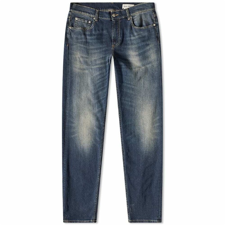 Photo: Alexander McQueen Men's Grafiiti Logo Embroidered Washed Jeans in Blue Washed