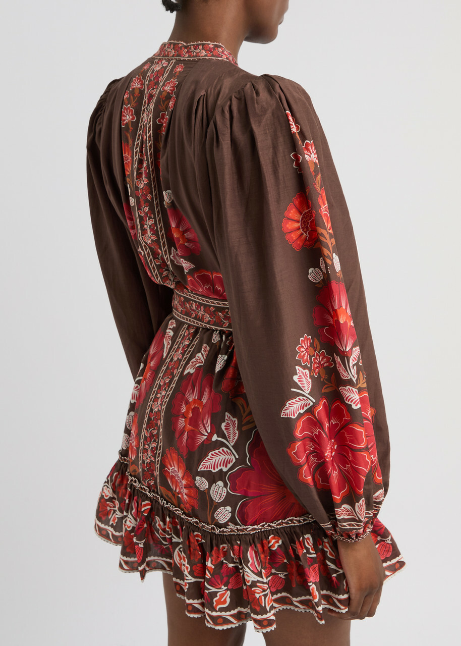 Farm Rio Gigi Floral-print Cotton-blend Mini Dress Brown