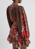 Farm Rio Gigi Floral-print Cotton-blend Mini Dress Brown