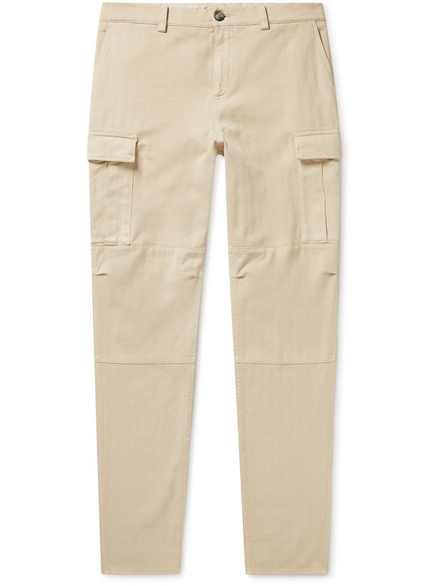 Photo: Brunello Cucinelli - Straight-Leg Herringbone Cotton-Blend Cargo Trousers - Neutrals