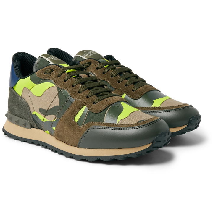 Photo: Valentino - Valentino Garavani Rockrunner Suede, Leather and Canvas Sneakers - Green