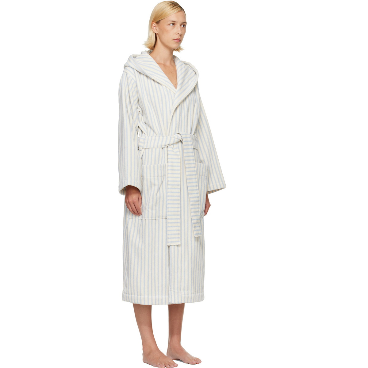 Tekla White & Blue Terry Hooded Bathrobe